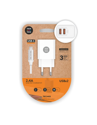 Chargeur double blanc+cable nylon usb-c 2.4a tech one tech