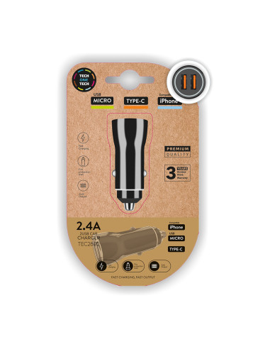 Chargeur briquet voiture double noir 2.4a -12w tech one tech