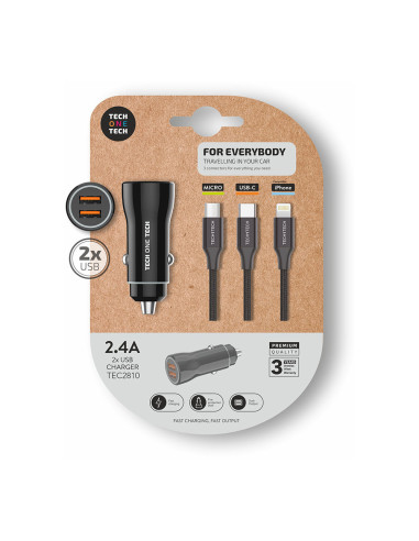 Chargeur briquet noir 2xusb + câble nylon triple tech one tech