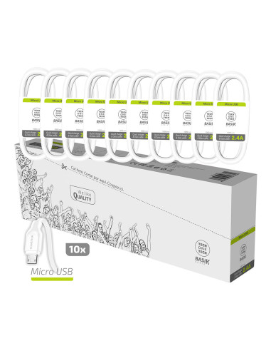 Pack économique de 10 câbles micro-usb basik 2,4a blanc tech one tech