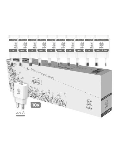 Pack économique de 10 chargeurs blancs basik 2,4a (usb-a) tech one tech