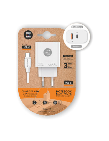 Chargeur ordinateur portable/mobile 65w gan pd + câble 1,2m 5a tech one tech