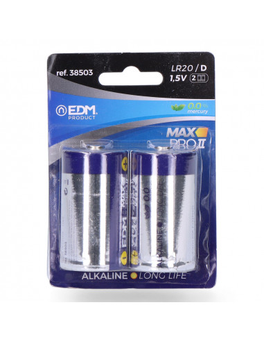 Pile edm alkaline long life d - lr20 1,5v (emballage 2 unit) ø34,2x61,5mm